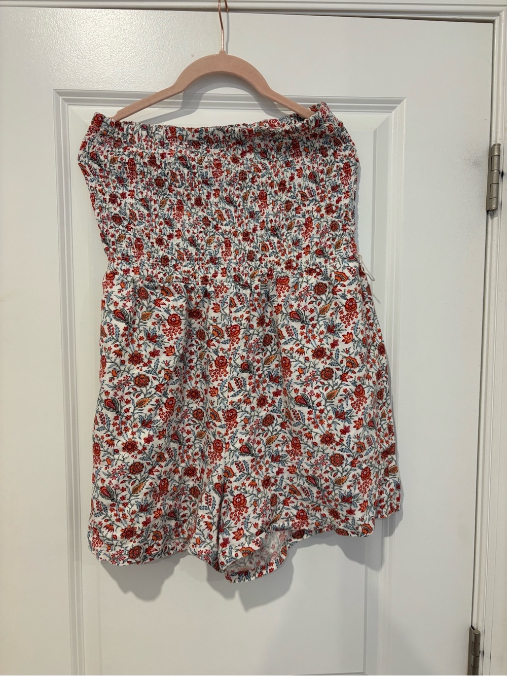 LOFT Floral Smocked Strapless Romper - Red, Blue & White
